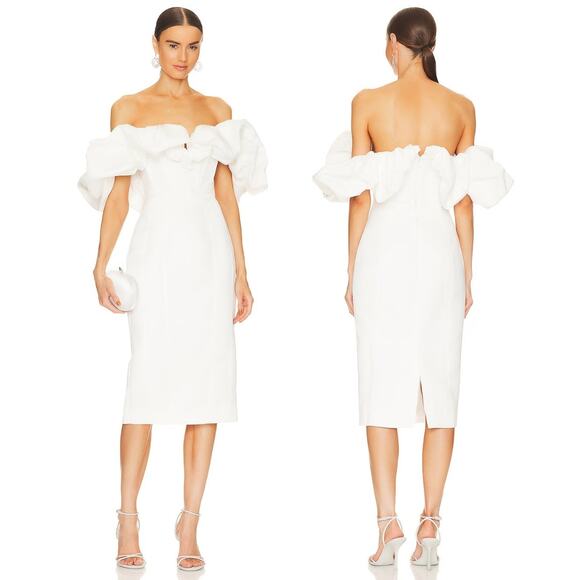 Line and Dot Samara Midi Dress Off Shoulder Puff Formal Bachelorette Bridal XS - Picture 1 of 12